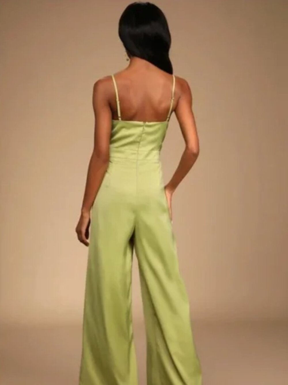 Lulus Chartreuse Satin Surplice Wide-Leg Jumpsuit | Size S - Picture 3 of 7